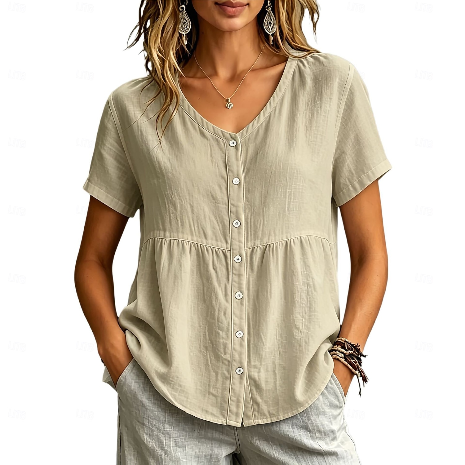 Dames Overhemd Blouse Lapwerk Knop Effen Kleur Elegant Casual Korte mouw Strakke ronde hals Normale tops Casual geel groen Zwart Wit Wijn Lichtgrijs Lente 2026 - $23.99 –P3
