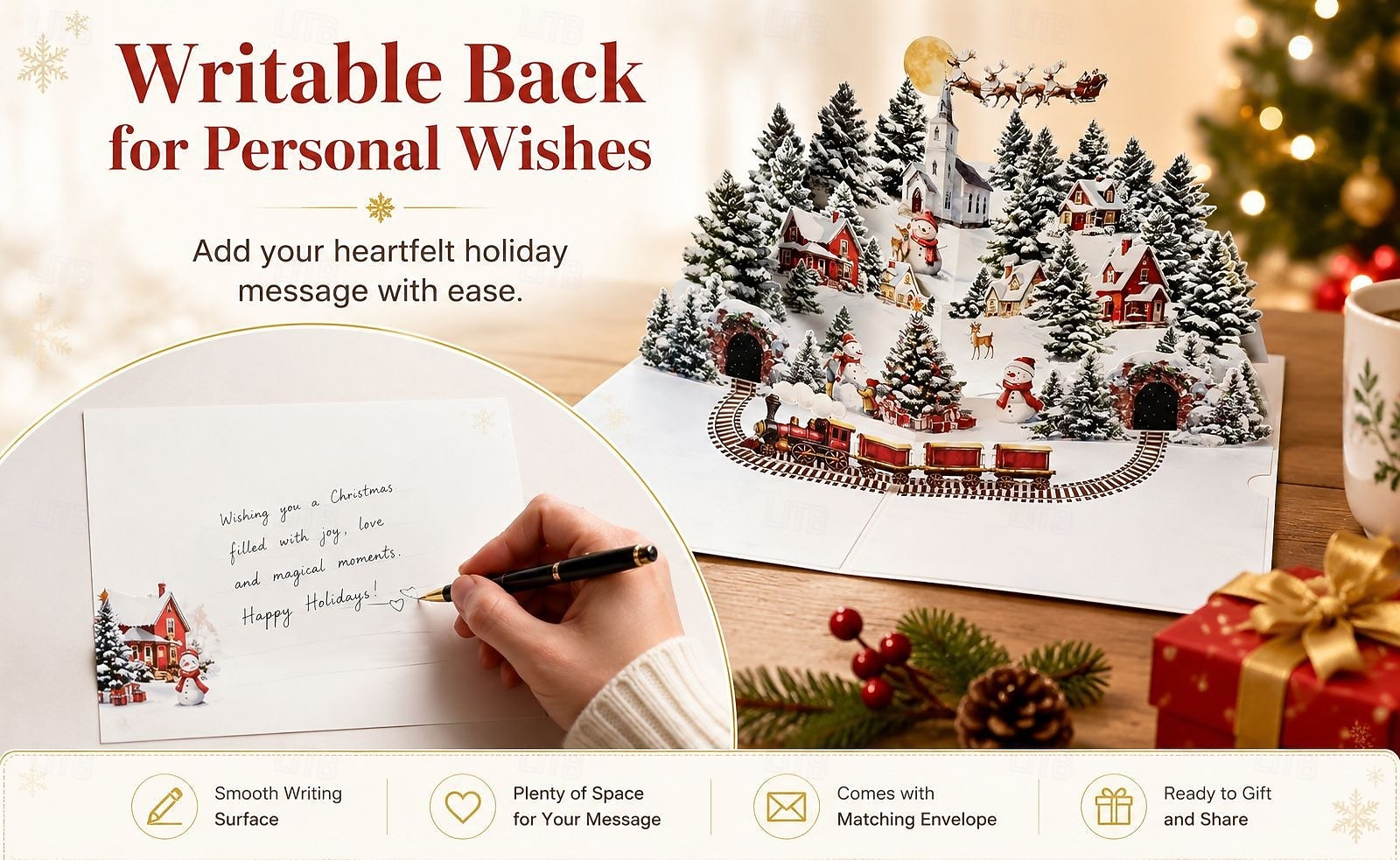 Biglietto di auguri natalizio tridimensionale a comparsa, con grande scena di un villaggio invernale e treno a vapore. &Slitta di Babbo Natale, biglietto d'auguri natalizio fatto a mano per bambini del 2026 a $12.99 –P4