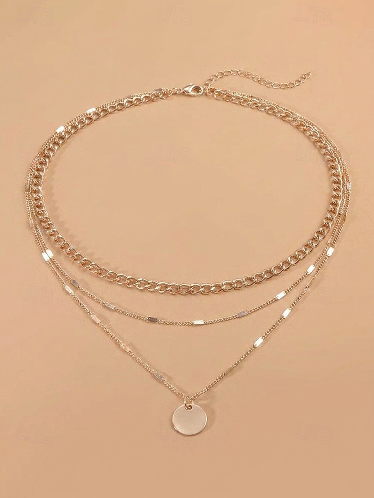 Damesketting met ronde schijfhanger in goud-zilveren lagen, minimalistische meerlaagse ketting van legering, elegante ketting voor elke dag, geschikt voor vakantie, werk, feestjes en als cadeau. 2026 - $7.99 –P4