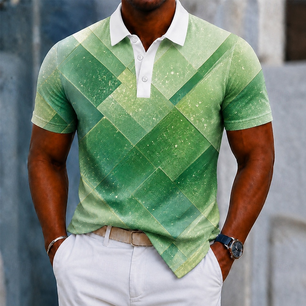 Men's Color Block Geometic Polo Shirts Short Sleeve Polo Shirts Collared Shirts Casual Athleisure 3D Print Buttons Spring & Summer Yellow Green Rainbow 2026 - $24.99 –P3