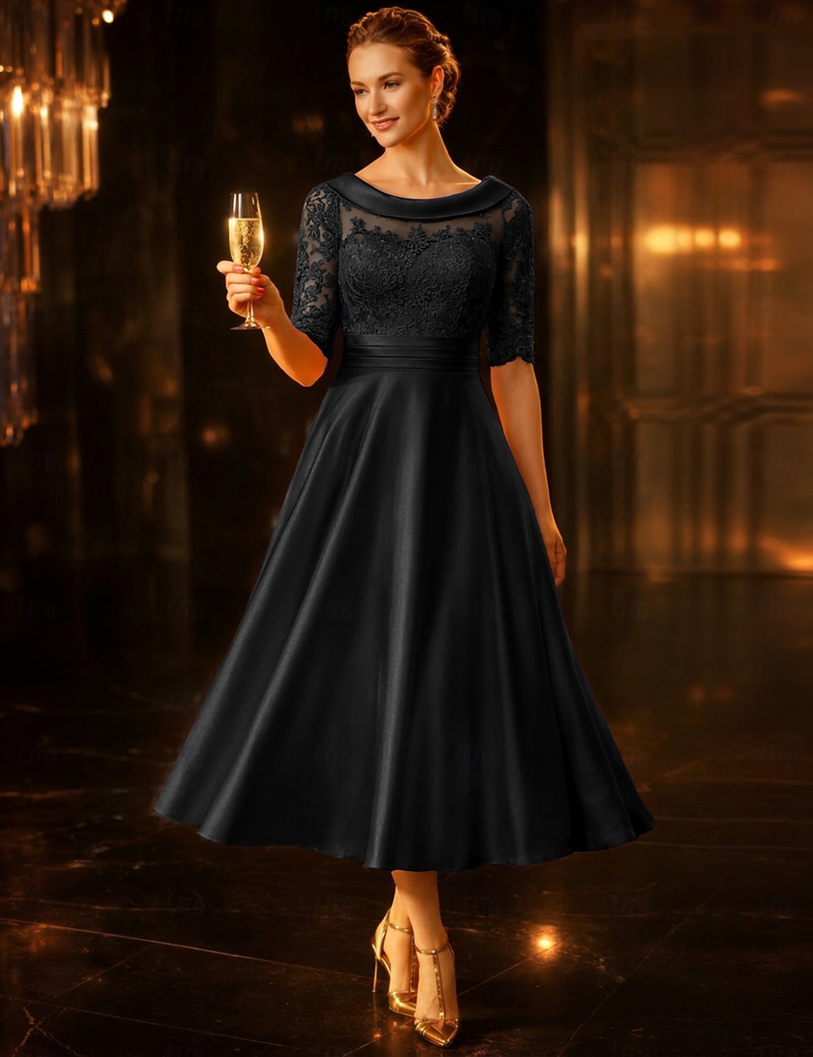 Linha A Longuette Vestido de festa Vestido Coquetel Vestido de convidada de casamento Vestido Para Mãe dos Noivos Meia Manga Scoop pescoço Elegante Vintage Convidado do casamento Cetim Renda com de 2026 por $114.99 –P12