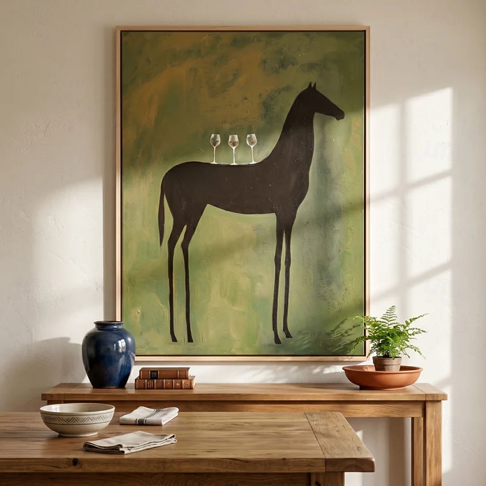 Hand painted Modern Abstract Animal paintings Horse Art Original Surreal Horse Painting with Martini Glasses Olive Green Minimalist Black Animal Wall Art 2026 - $118.99 –P5