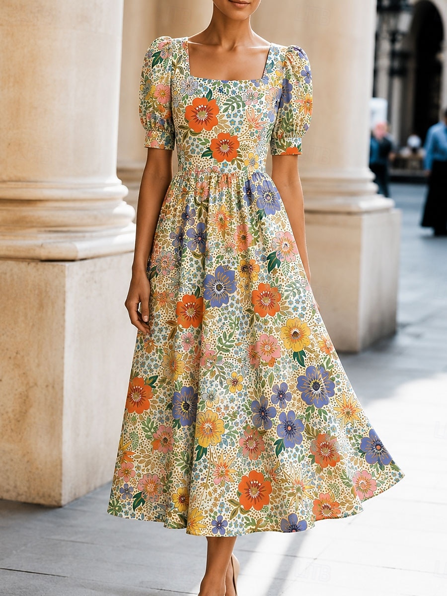 Women's Midi Dress Casual Dress A Line Dress Elegant Vacation Stylish Beach Holiday Regular Fit Floral Graphic Short Sleeve Square Neck Orange Apricot Summer Spring 2026 - $49.99 –P1