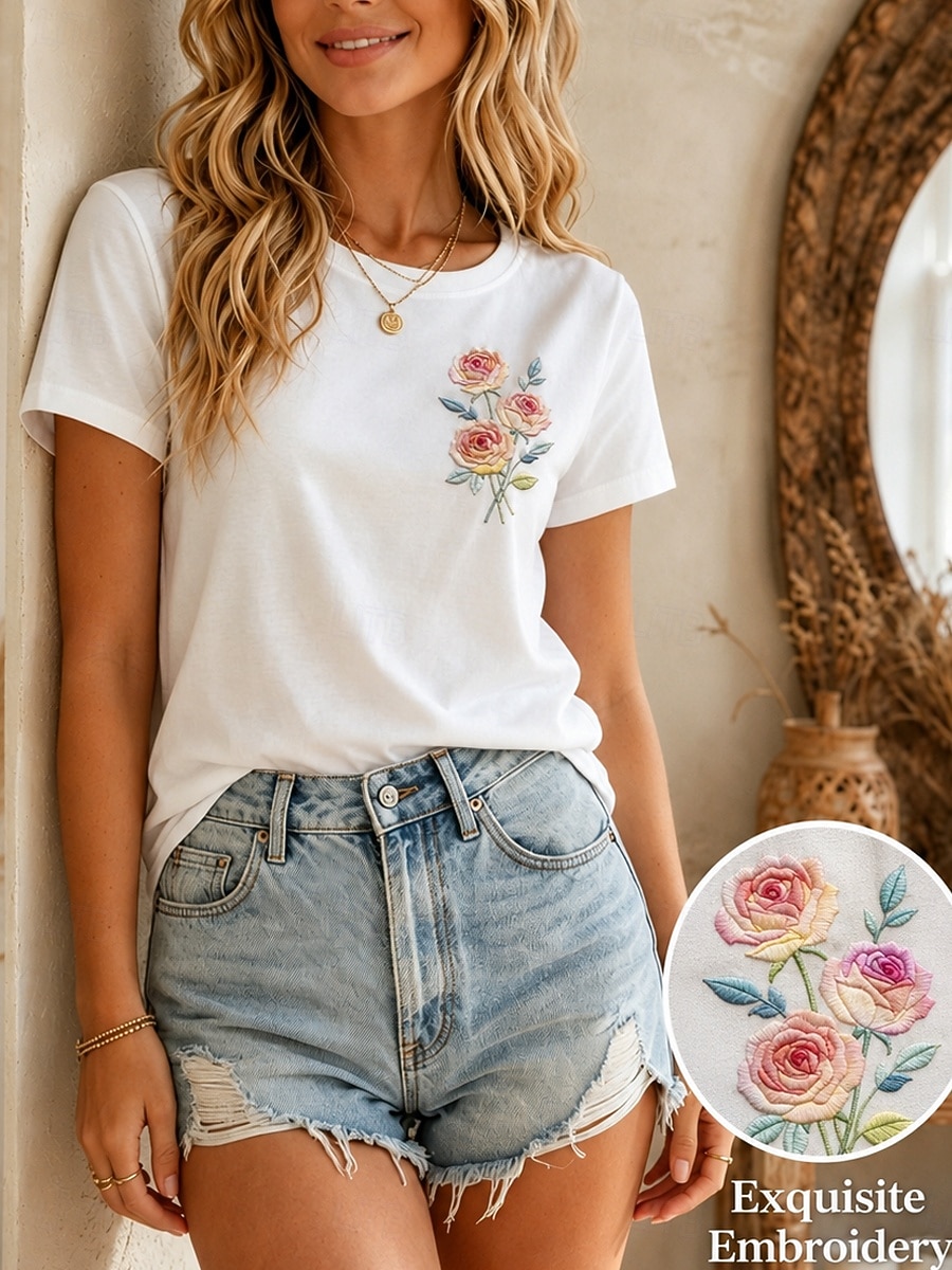 Women's 100% Cotton T Shirt Embroidered T-shirt Floral Graphic Vintage Stylish Casual Short Sleeve Crew Neck Regular Tops Casual Daily Weekend White Summer Spring 2026 - $28.99 –P1