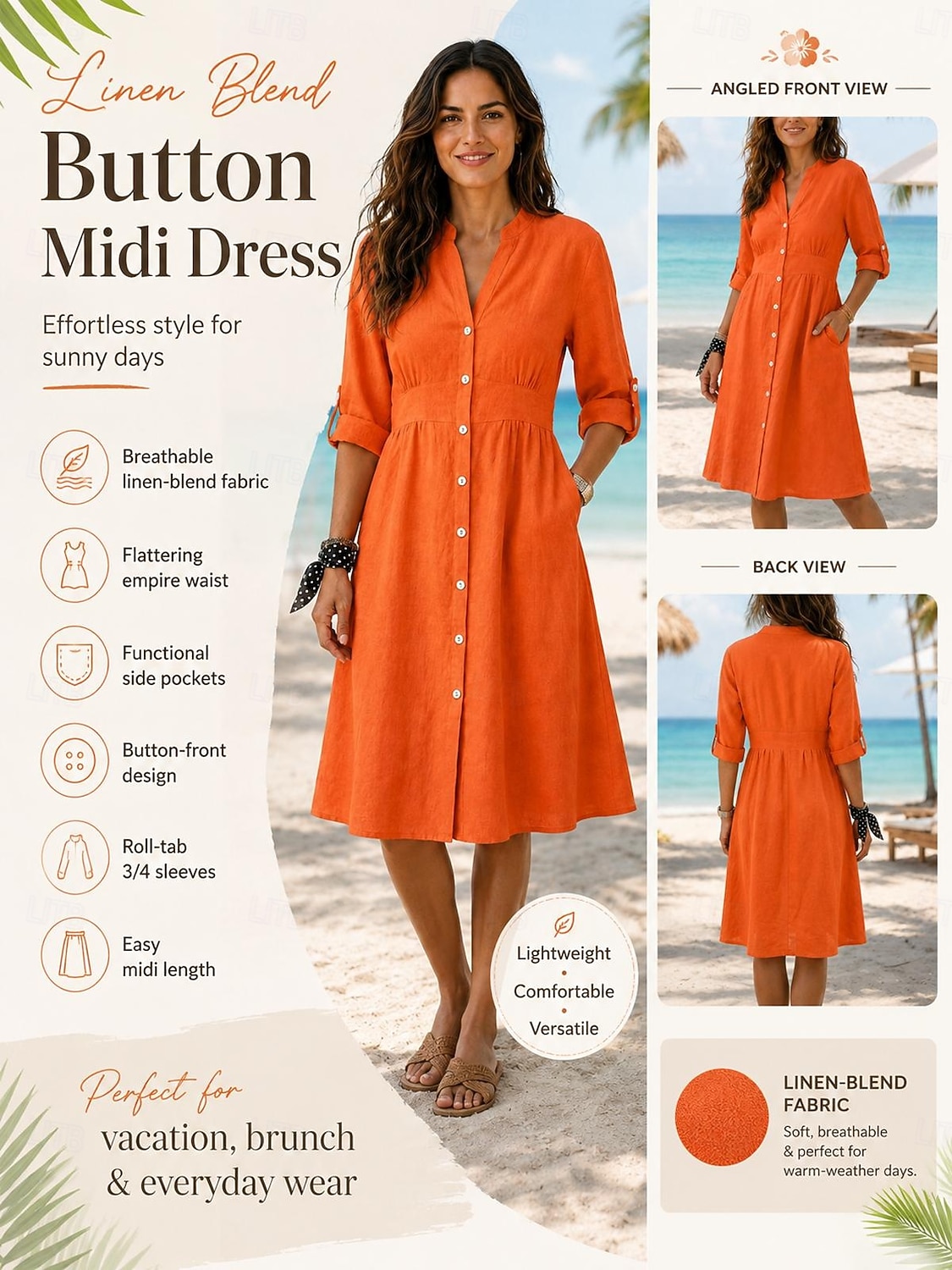 Dames Knielengte jurk Jurken van katoen en linnen Shirtjurk Elegant Vakantie Klassiek Dagelijks Kantoor Vakantie Normale pasvorm Effen Lange mouw V-hals Rood Marineblauw Oranje Zomer Lente 2026 - $41.99 –P3