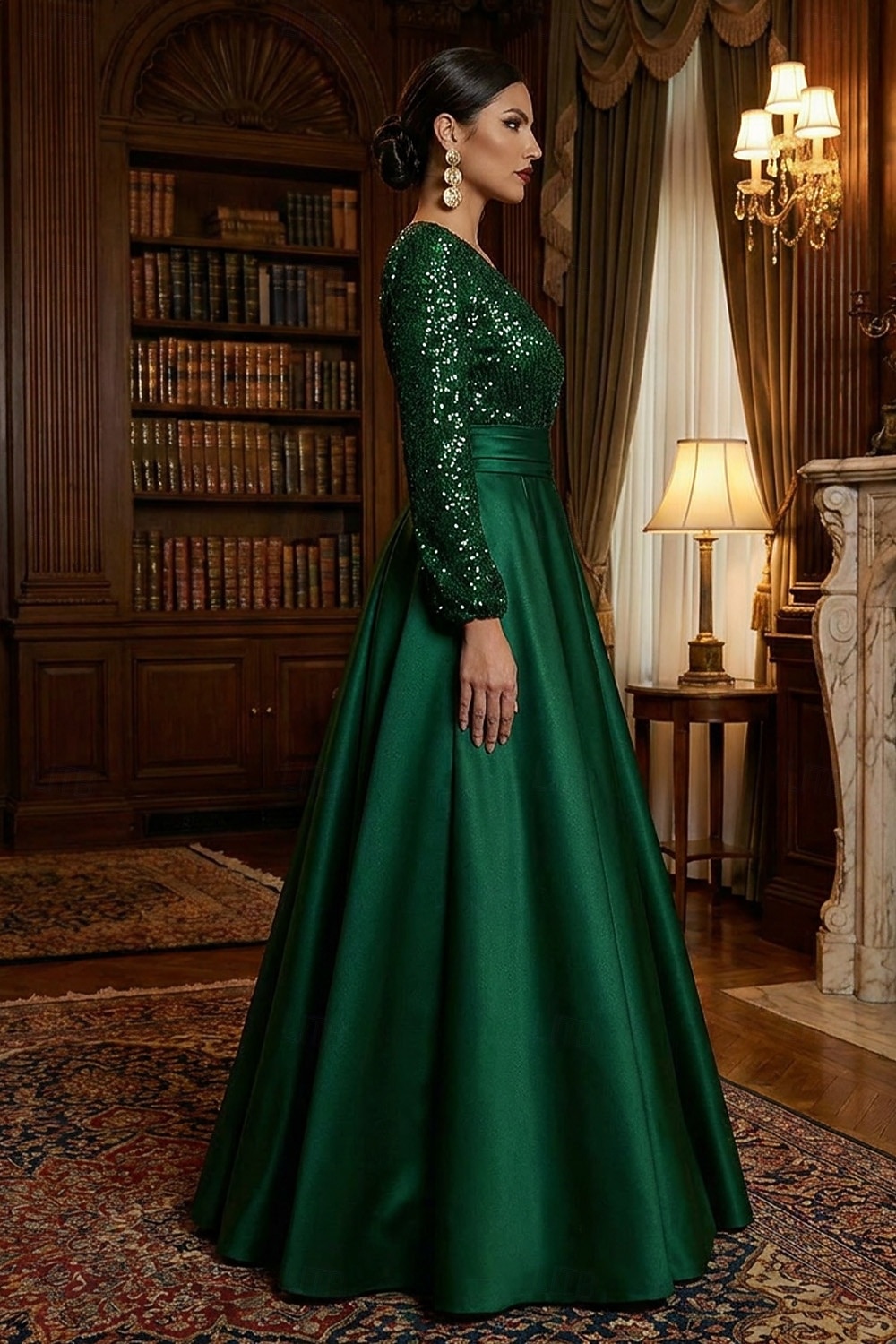 Linea ad A Lunghezza al pavimento Abito da Sera Da principessa Abito formale Elegante Scintillante Setoso Manica Lunga Scollo a V Matrimonio Formale Tasca Raso Con Paillettes con Glitter Pieghe Tasca del 2026 a $65.99 –P3