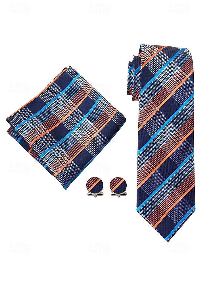Krawatten-, Einstecktuch- und Manschettenknopfset für Herren, mehrfarbig gemustertes Polyester-Krawattenset für Hochzeiten, Business-Anlässe, formelle Anlässe und Abendgarderobe 2026 - $14.99 –P7