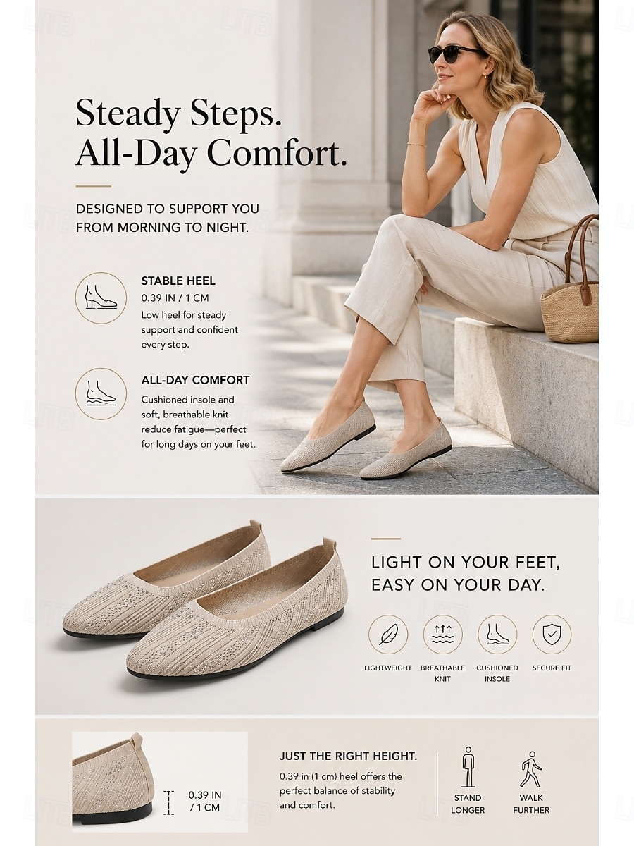 Women's Rhinestone Knit Ballet Flats, Elegant French Style Square-Toe Slip-On Shoes for Everyday Wear, Work, Brunch, Shopping & Casual Outings 2026 - $19.99 –P3