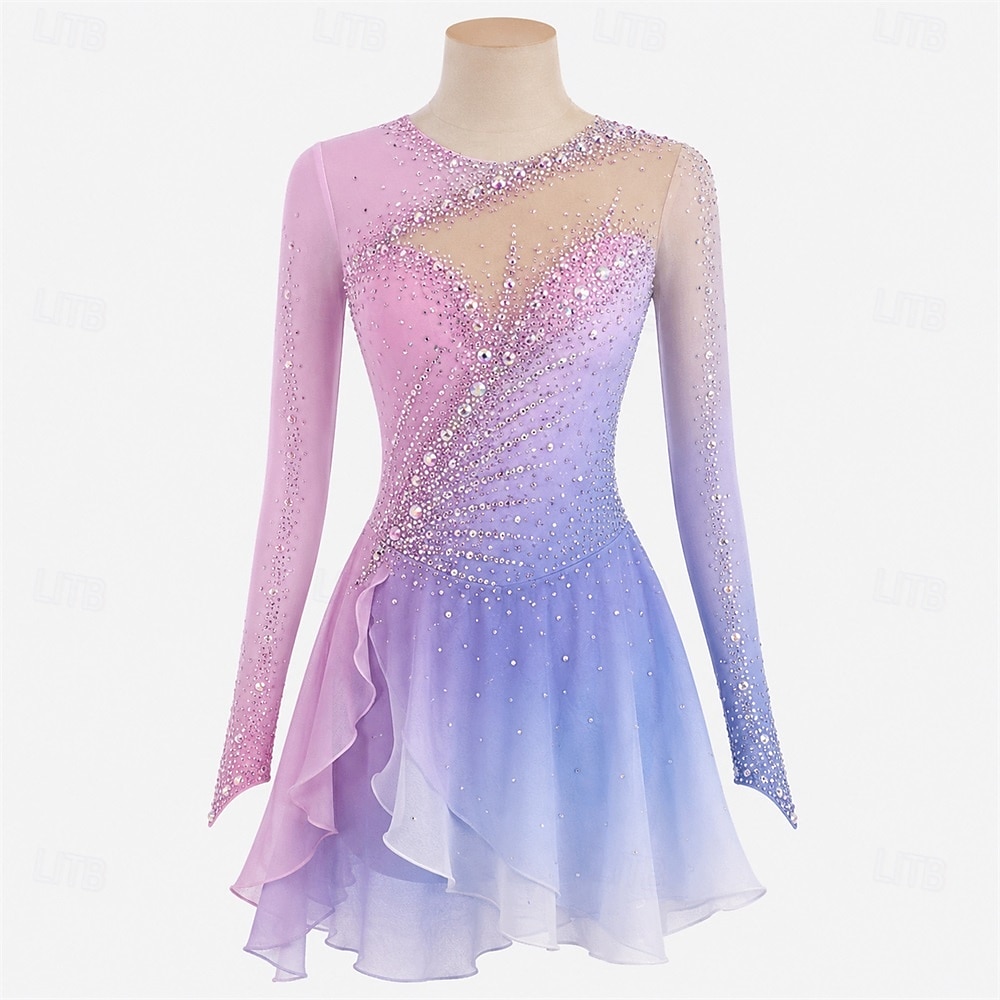 Vestido de patinaje artístico Mujer Patinaje Sobre Hielo Vestidos Rosa Retazos Dedo Pulgar Alta elasticidad Entrenamiento Competición Ropa de Patinaje Clásico Cristal / Strass Manga Larga Patinaje 2026 - $309.59 –P1