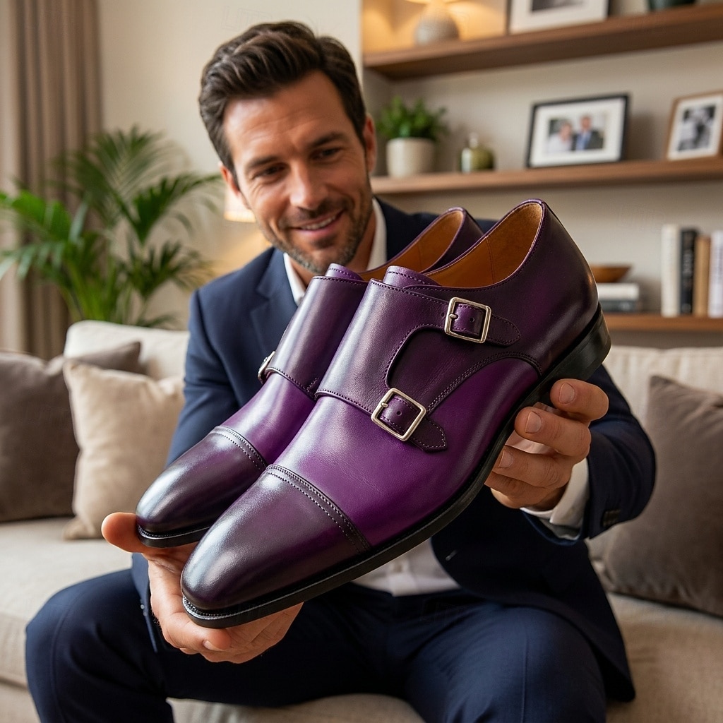 Scarpe eleganti da uomo viola con doppia fibbia, punta affusolata, scarpe formali eleganti per lavoro, feste, matrimoni, ufficio, banchetti del 2026 a $109.99 –P4