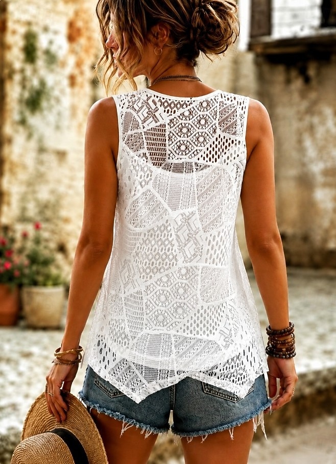Mulheres Topo de ilhó Renda Renda Ilusão Elegante Boêmia Férias Sem Manga Tops longos Casual Diário Feriado Branco Preto Rosa Cinza + rosa Verão Primavera de 2026 por $21.99 –P3