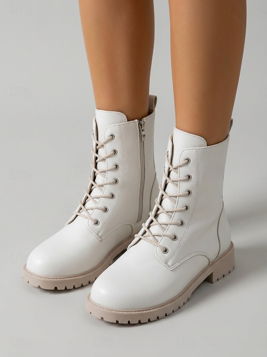 Ghete militare albe pentru femei, până la jumătatea gambei – ghete cu șireturi și toc jos, cu fermoar lateral, ghete casual confortabile pentru mers și purtare zilnică 2026 - $32.99 –P1