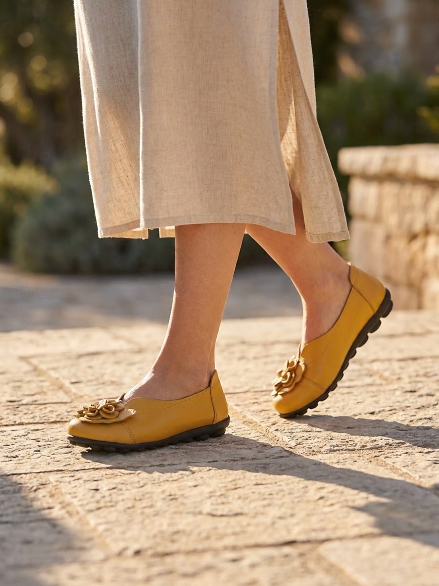 Women's Yellow Floral Ballet Flats – Soft Slip-On Comfort Shoes with 3D Flower Detail and Flexible Non-Slip Sole  for Walking, Travel, Shopping and Everyday Wear 2026 - $26.99 –P1
