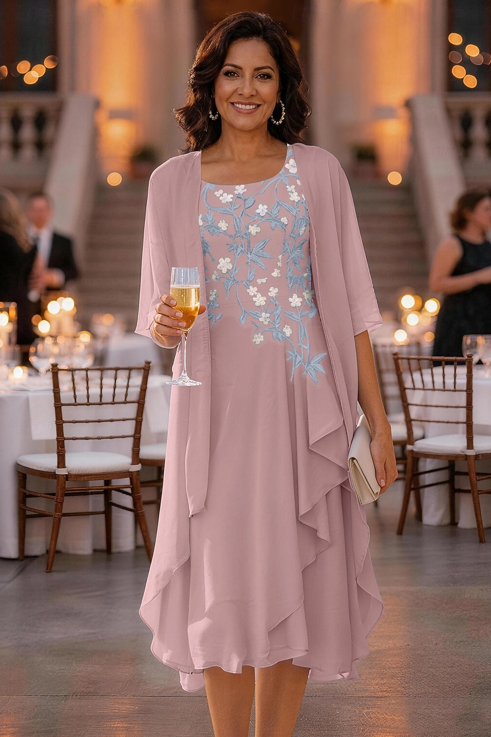 Două Piese Linia -A Asimetric Lungime Genunchi Rochie Mama Miresei Manșon Jumate Scoateți gâtul Elegant Simplu Casual Oficial Invitat la nunta Concediu Șifon Șal Inclus cu Imprimeu Floral Pliuri 2026 - $81.99 –P7
