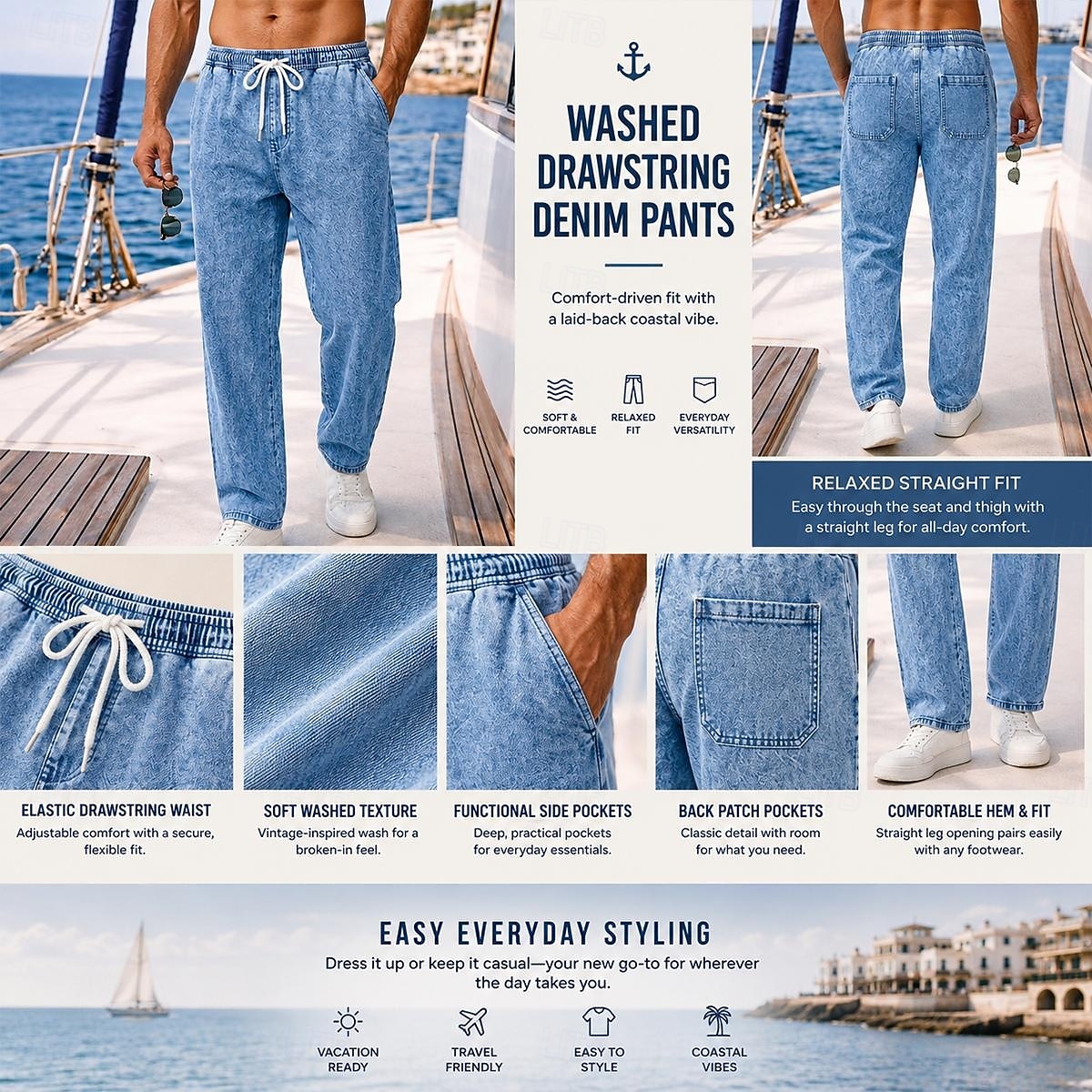 Per uomo Pantaloni Pantaloni casual Pantaloni Estivi 100% cotone Pantaloni di denim Coulisse Elastico in vita Gamba Dritta Semplice Comodità Traspirante Lunghezza intera Casuale Quotidiano All'aperto del 2026 a $35.99 –P2