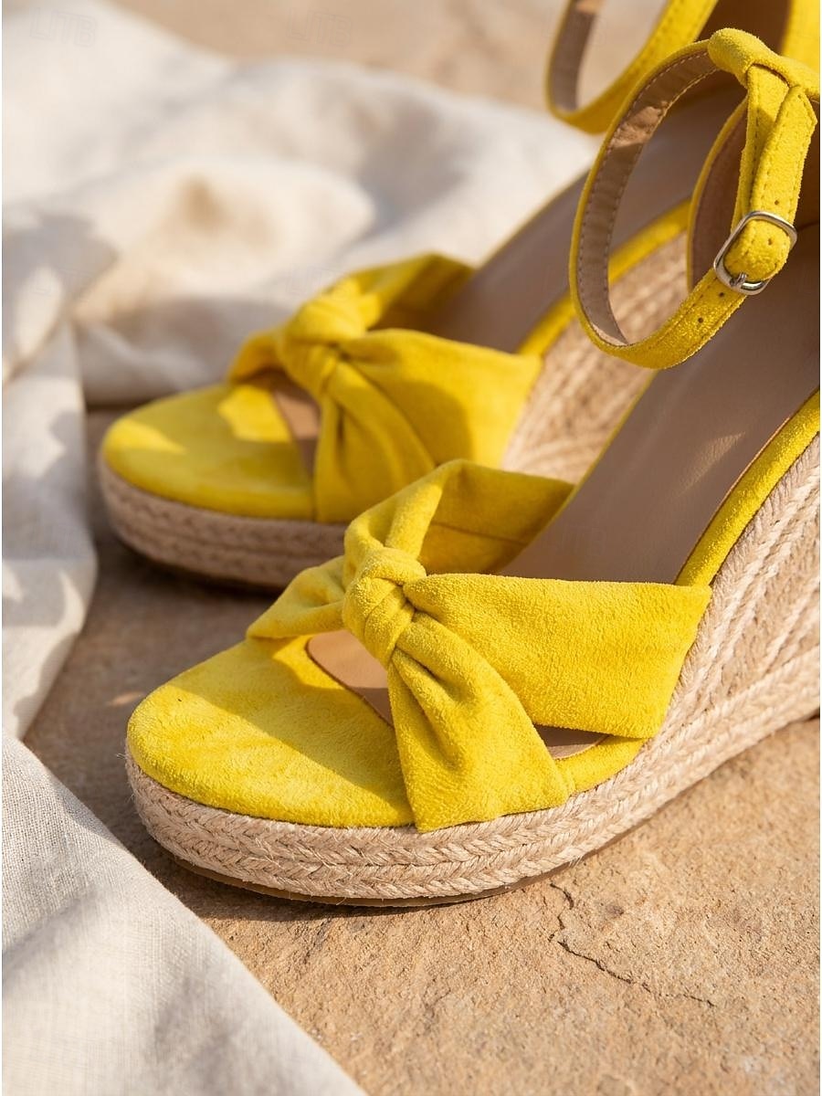 Sandálias espadrille femininas amarelas com plataforma e laço - sapatos sensuais de camurça com tira no tornozelo, perfeitos para férias na praia. de 2026 por $46.99 –P5