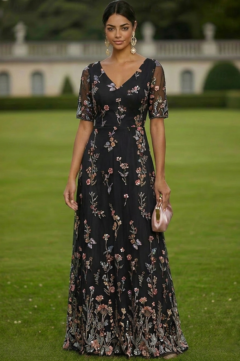 Linea ad A Abito Lunghezza al pavimento Vestito maxi Vestito da Festa Abito da Cocktail Abito da cerimonia per signora Manica Corta Scollo a V Elegante Vintage Lussuoso Formale Ospite di nozze Derby del 2026 a $182.99 –P4