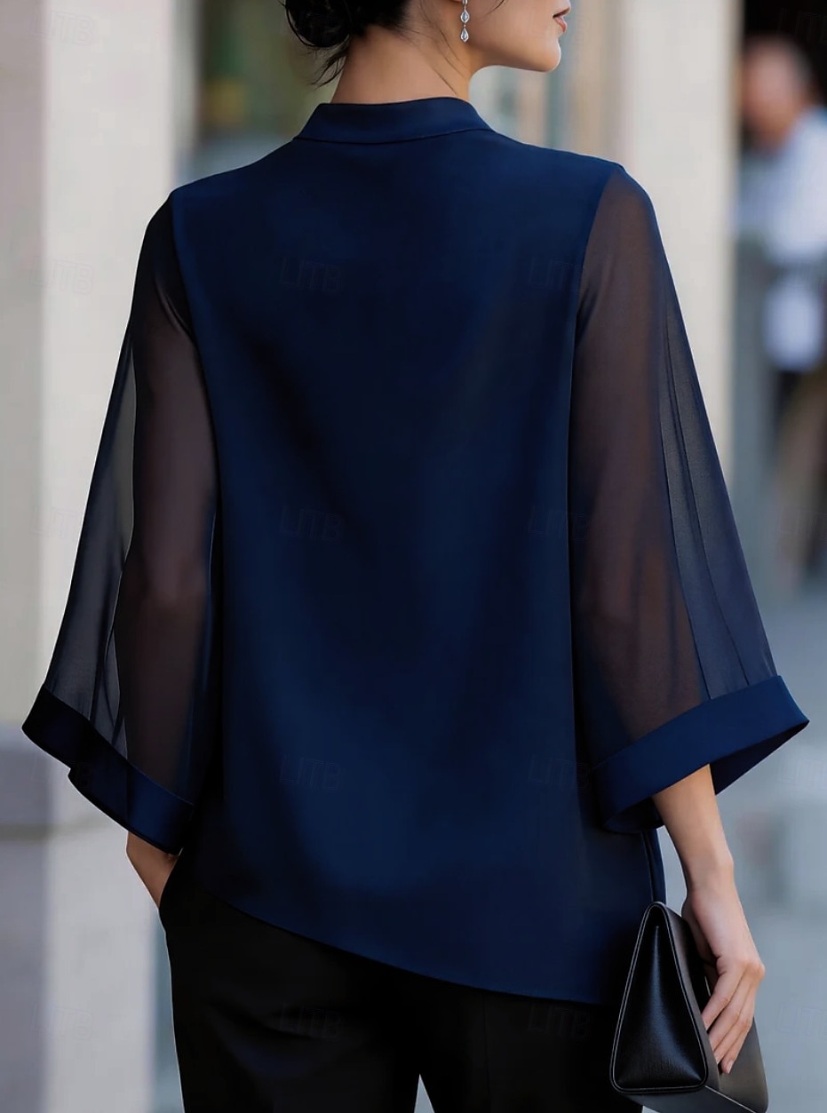 Women's Shirt Blouse Patchwork Solid Color Elegant Streetwear Daily 3/4 Length Sleeve V Neck Regular Tops Casual claret Black Navy Blue Apricot Summer Spring 2026 - $27.99 –P7