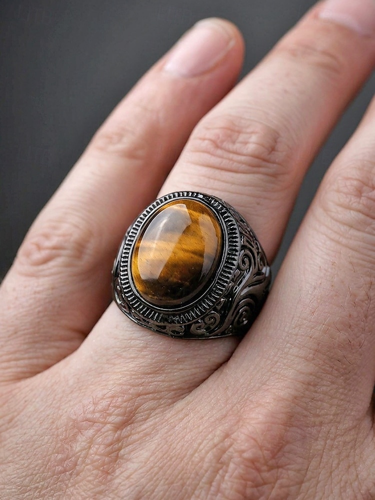 Anello da uomo vintage con pietra occhio di tigre, fascia in lega nera incisa, anello di tendenza in stile etnico bohémien, gioiello maschile per i viaggi estivi, casual &abbigliamento da festival del 2026 a $7.99 –P1