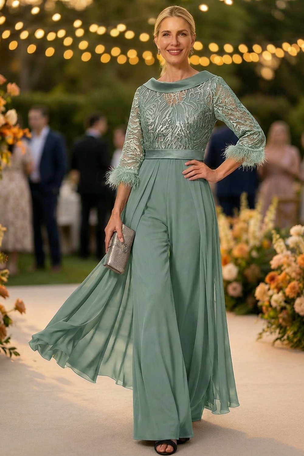 Tuta Completo Pantalone Lunghezza al pavimento Abito da cerimonia per signora Mezza Manica Collo gioiello Elegante Vintage Ospite di nozze Chiesa Chiffon con Piuma Paillettes Applicazioni del 2026 a $195.99 –P15