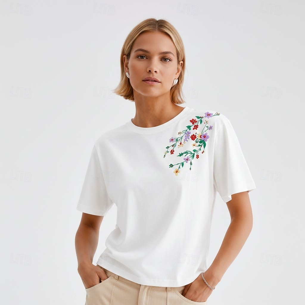 T-shirt floral brodé 100 % coton pour femmes T-shirt d'été élégants vintage tropicaux à manches courtes col rond haut régulier décontracté quotidien plage blanc été printemps automne hiver de 2026 ? $28.99 –P3