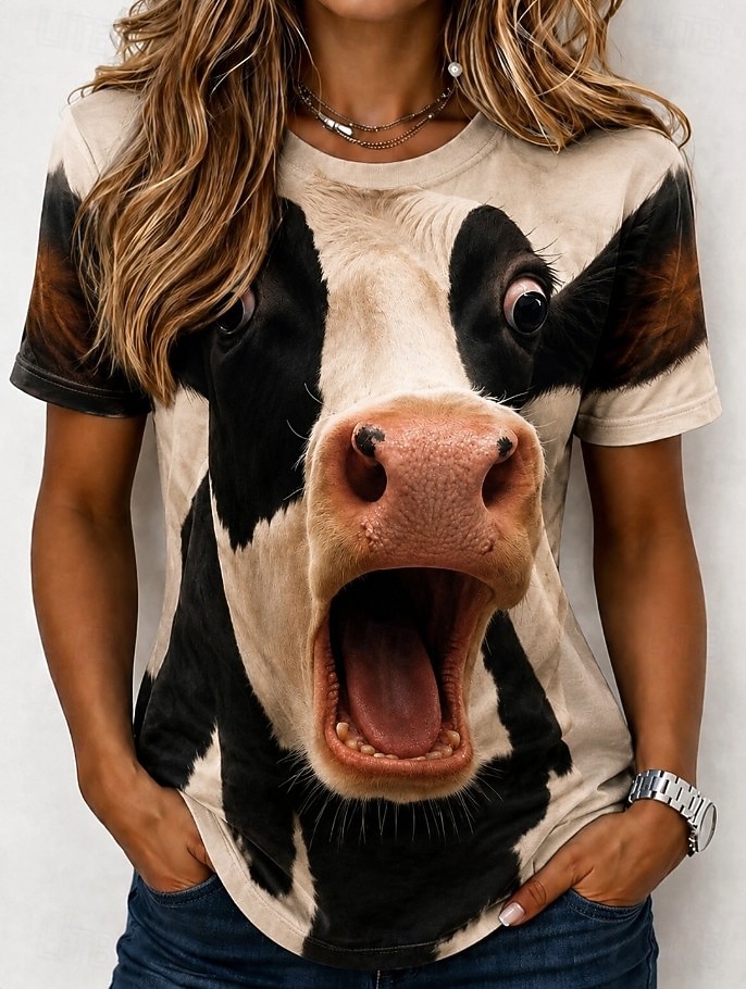 Per donna Maglietta Blocco di colore Stampato Grafico Animale Mucca Vintage Elegante Classico Manica Corta Girocollo Top lunghi Casuale Quotidiano Blu Bianco Cachi Beige Estate Primavera del 2026 a $21.99 –P4