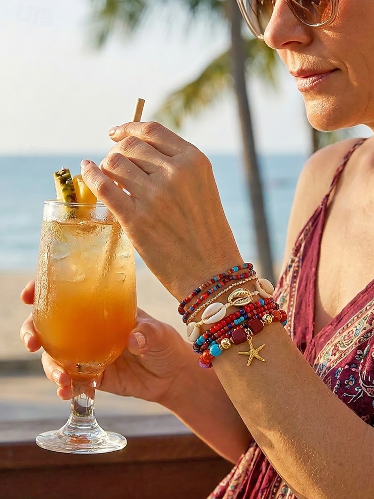 Conjunto de pulseiras femininas boho em camadas com 8 peças, pingente de estrela-do-mar e concha, em liga dourada, multifilamento, perfeitas para usar na praia, férias de verão e viagens. de 2026 por $11.99 –P3