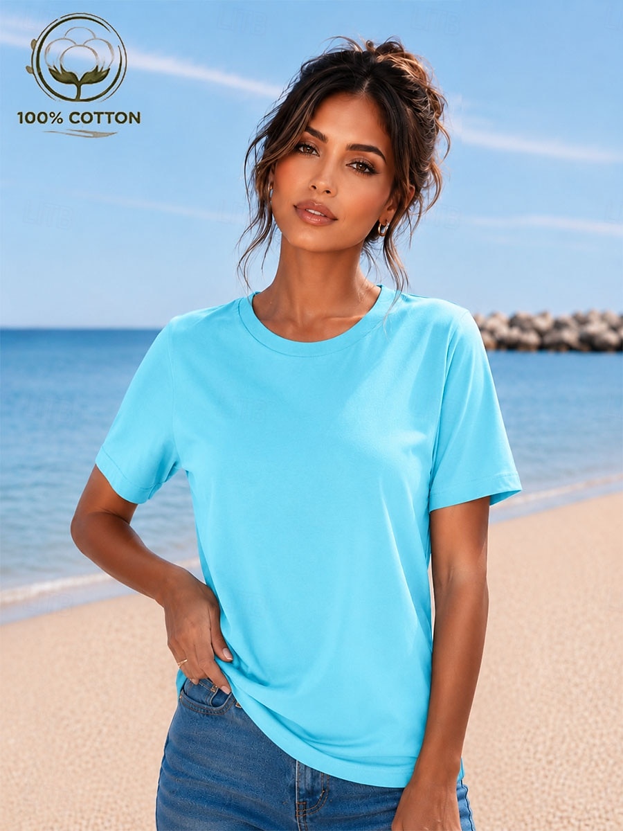 Women's T Shirt Summer Tops Cotton Shirt Tee Top Solid Color Fashion Stylish Basic Short Sleeve Crew Neck Round Neck Regular Tops Casual Daily Beach Blue Khaki Indigo Green with beige Black Summer 2026 - $19.99 –P6