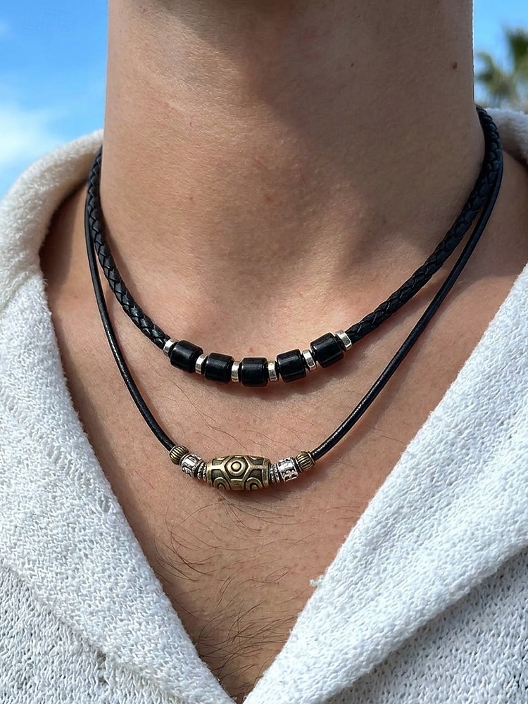 Men's Bohemian Necklace and Bracelet Set, Black Leather Beaded Jewelry, Antique Metal Accents, Summer Casual Accessory for Men, Perfect for Vacation, Festival, Daily Wear, Multiple Uses 2026 - $14.99 –P4