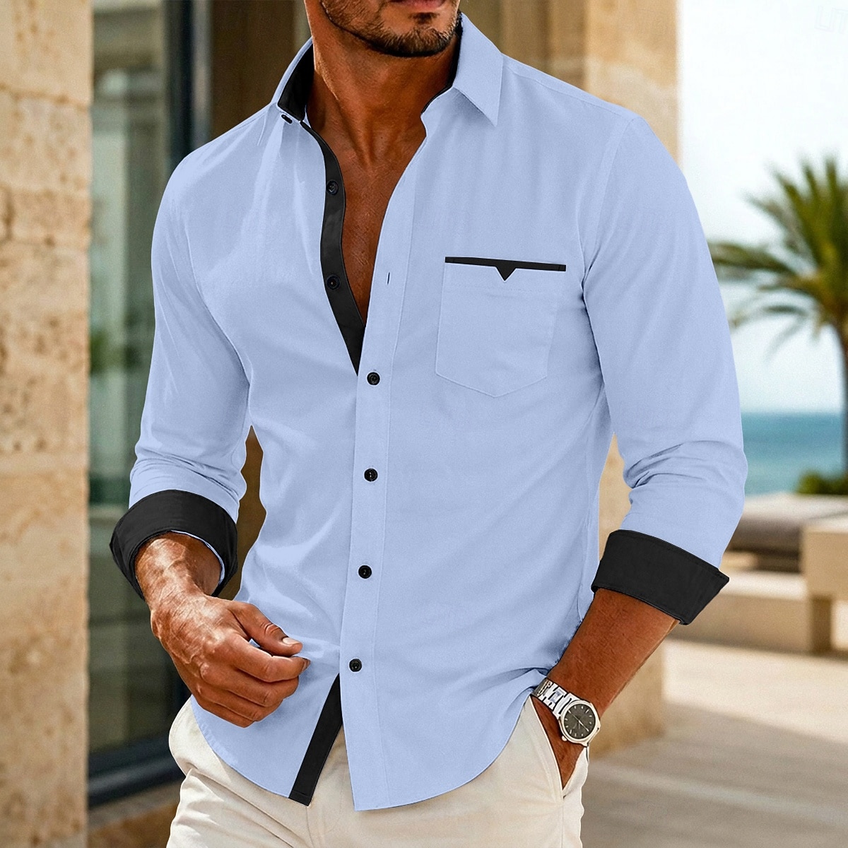 Homens Camisa Social Saia camisa de botão Camisa não de ferro Bloco de cor Casual Diário Azul Branco Preto Rosa Manga Longa Aberto para a Lateral Primavera Primavera & Outono Roupa Patchwork de 2026 por $22.99 –P5