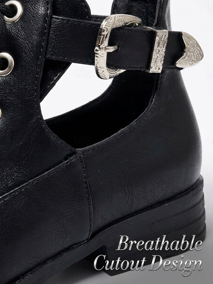 Women's Black Cutout Low Heel Combat Boots – Lace-Up Ankle Boots with Adjustable Side Buckle and Durable Non-Slip Sole for Travel and Casual Wear 2026 - $46.99 –P2