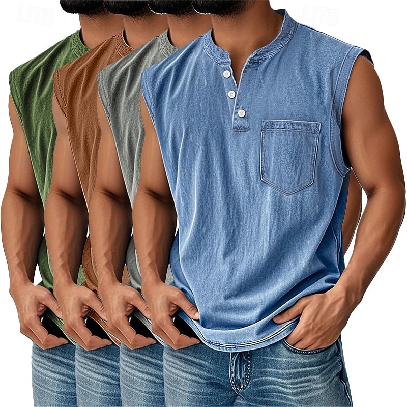 Men's 4-PCS Vest Top 100% Cotton Acid Wash Shirt Acid Wash Shirt Sleeveless Henley Summer Spring Plain Fashion Designer Basic Garment Dyed Vintage Washed Vacation Street Going out Top Tee for Men 2026 - $91.99 –P4