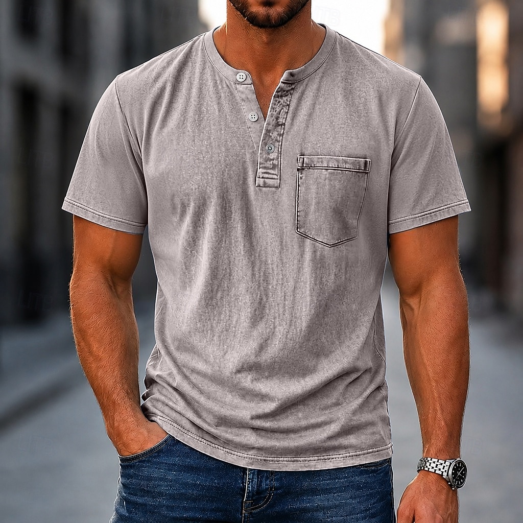 Men's Henley Shirt 100% Cotton Acid Wash Shirt T shirt Tee Short Sleeve Plain Retro Vintage Casual Distressed Vintage Style Washed Henley Casual Spring & Summer Summer Spring Black Light Green Pink 2026 - $31.99 –P8