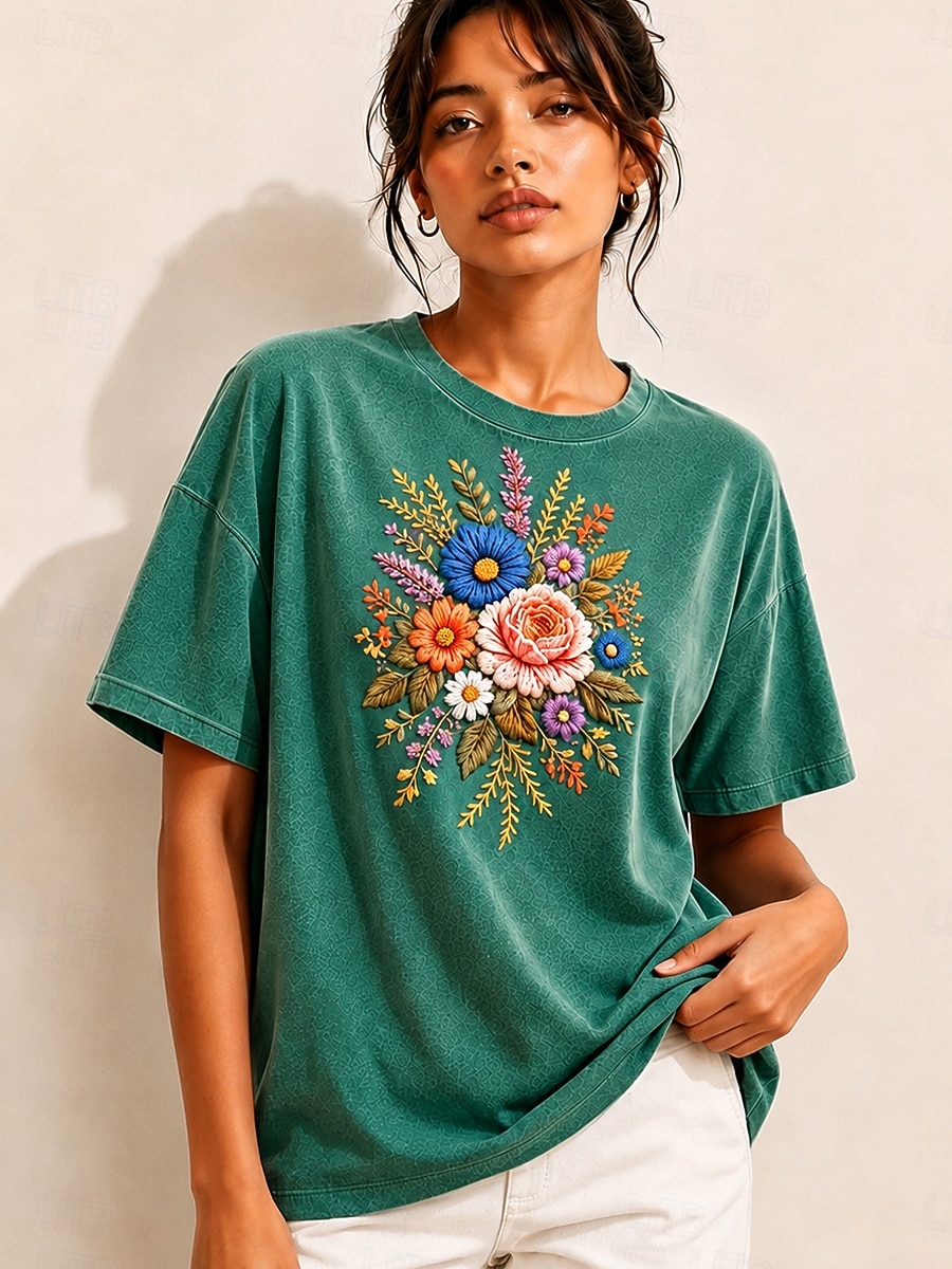 Camisa Feminina Bordada 100% Algodão T-shirt Gráfica Floral Vintage Clássica Casual com Mangas Curtas Gola Redonda Têxteis Regulares Casuais Diários de Fim de Semana Azul Rosa Verde Verão Primavera de 2026 por $33.99 –P6