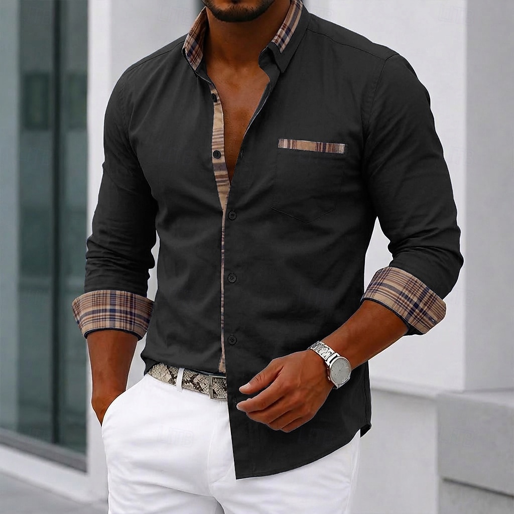 Da uomo Camicia Camicia elegante Camicia con Bottoni Bianco Nero Rosa Blu marino Manica Lunga Blocco di colori Bavero Casuale Quotidiano Tasca Frontale Abbigliamento Moda Casual Confortevole del 2026 a $32.99 –P1