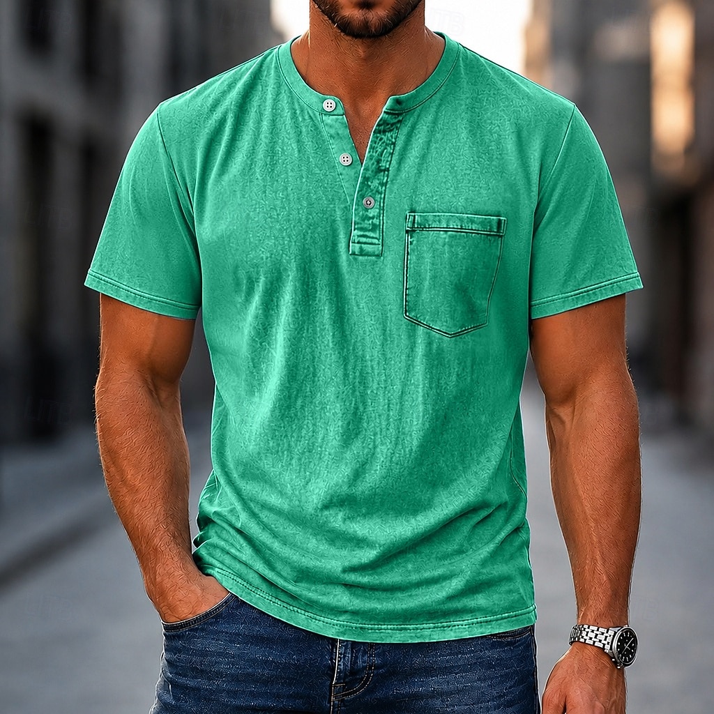 Men's Henley Shirt 100% Cotton Acid Wash Shirt T shirt Tee Short Sleeve Plain Retro Vintage Casual Distressed Vintage Style Washed Henley Casual Spring & Summer Summer Spring Black Light Green Pink 2026 - $31.99 –P6