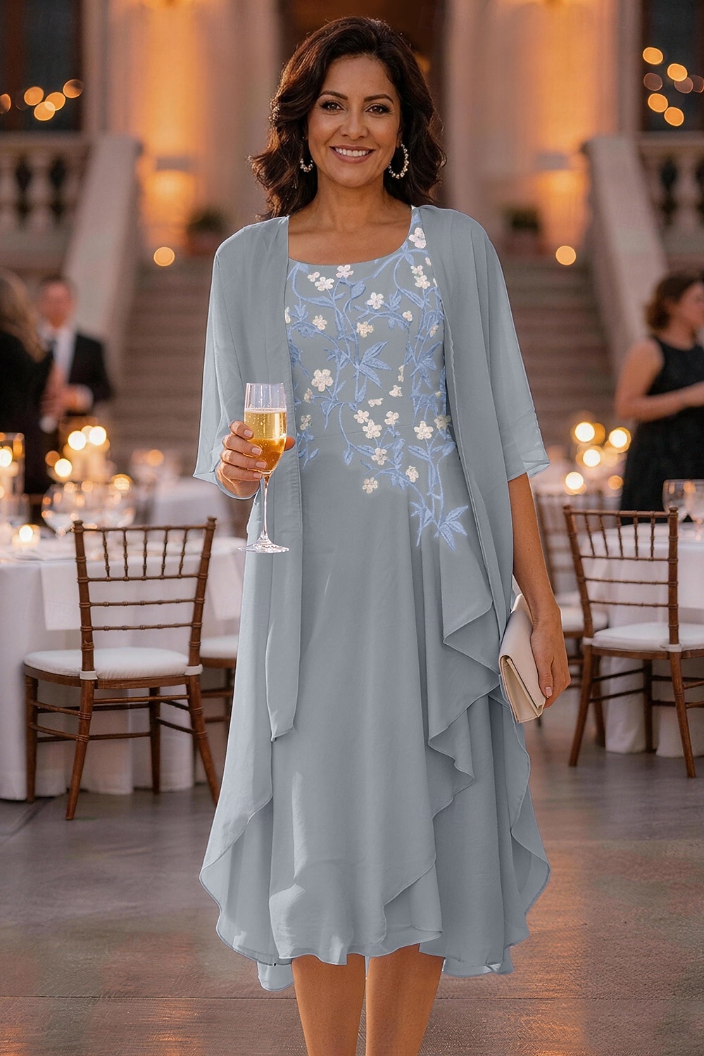 Două Piese Linia -A Asimetric Lungime Genunchi Rochie Mama Miresei Manșon Jumate Scoateți gâtul Elegant Simplu Casual Oficial Invitat la nunta Concediu Șifon Șal Inclus cu Imprimeu Floral Pliuri 2026 - $81.99 –P5