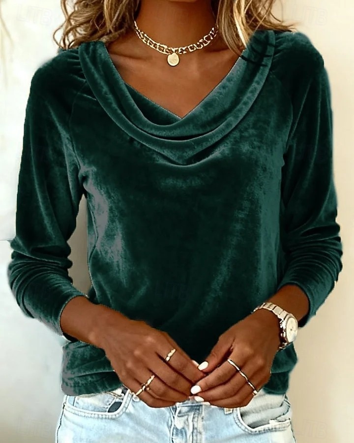Damesblouse van fluweel met colkraag en lange mouwen, elegante raglanmouwen, zachte velours, casual, chique tuniek. 2026 - $24.99 –P7