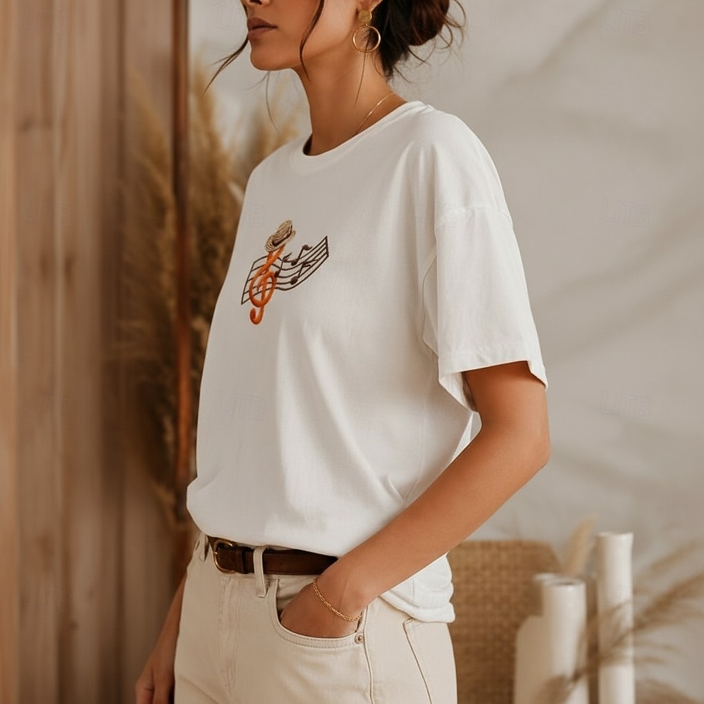 T-shirt musicale brodé 100 % coton pour femmes T-shirt d'été élégants vintage mode à manches courtes col rond haut régulier décontracté quotidien plage blanc été printemps automne hiver de 2026 ? $28.99 –P2