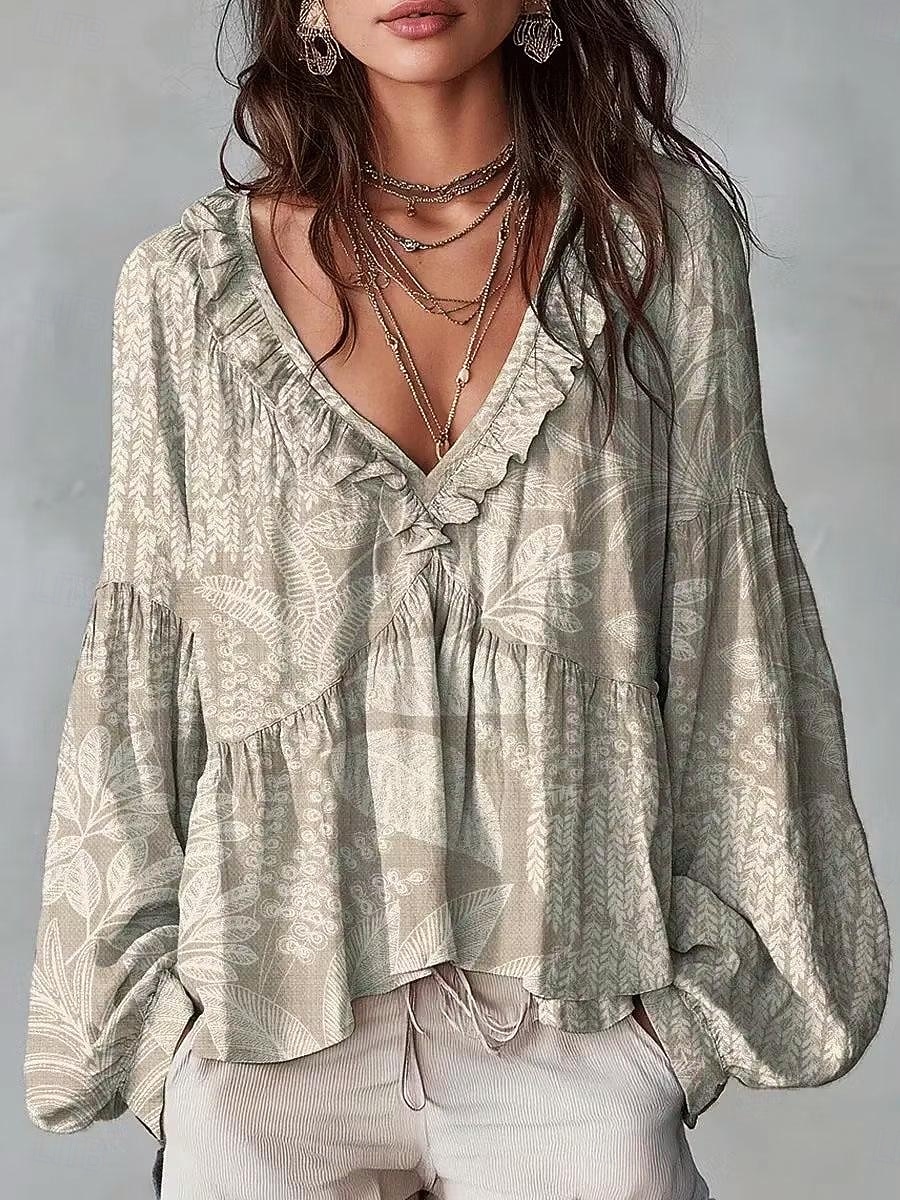 Women's Shirt Tunic Ruffle Ombre Floral Graphic Elegant Bohemia Vacation Long Sleeve V Neck Long Tops Casual Daily Blue White Yellow Red Purple Summer Spring 2026 - $37.99 –P1