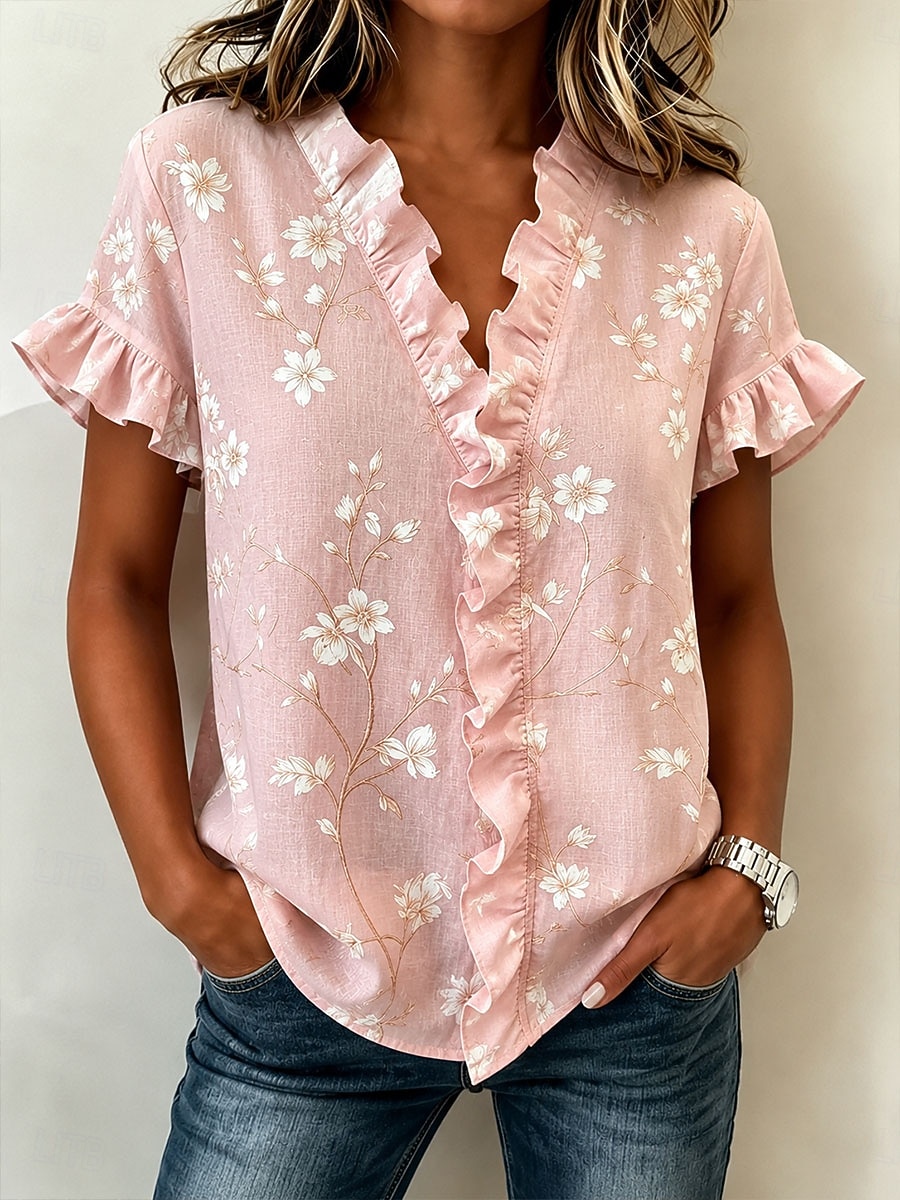 Mulheres Túnica Frufru Floral Gráfico Elegante Moda Diário Manga Curta Decote V Tops regulares Casual Diário Amarelo Rosa Verde Verão Primavera de 2026 por $27.99 –P1
