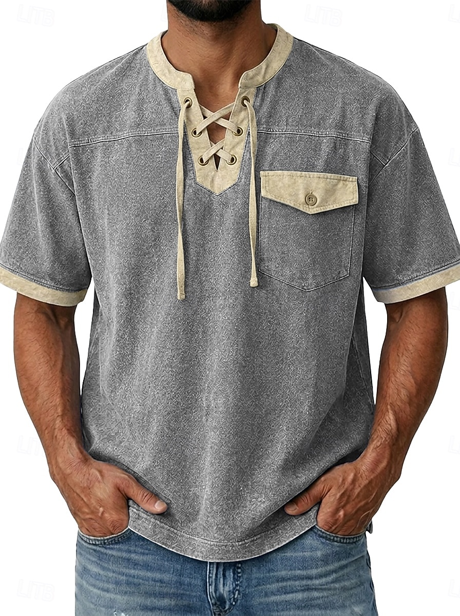Hombre Camiseta Camisa vaquera Camisa 100% algodón con lavado ácido Manga Corta cuello con cordones Otoño invierno Primavera Otoño Plano Vintage Ropa de calle Casual Bolsillo Lavado Casual Hogar Calle 2026 - $35.99 –P8