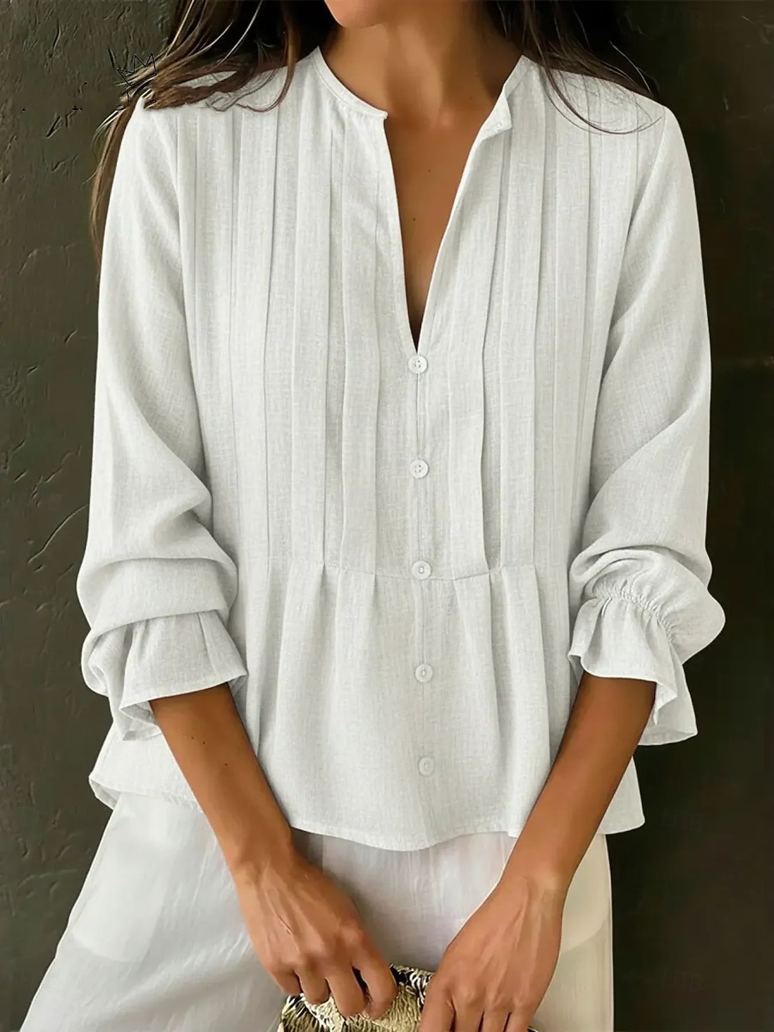 Women's Shirt Blouse Ruched Solid Color Plain Elegant Fashion Daily Long Sleeve Bell Sleeve V Neck Long Tops Casual Daily Red Sky Blue khaki Summer Spring 2026 - $31.99 –P2