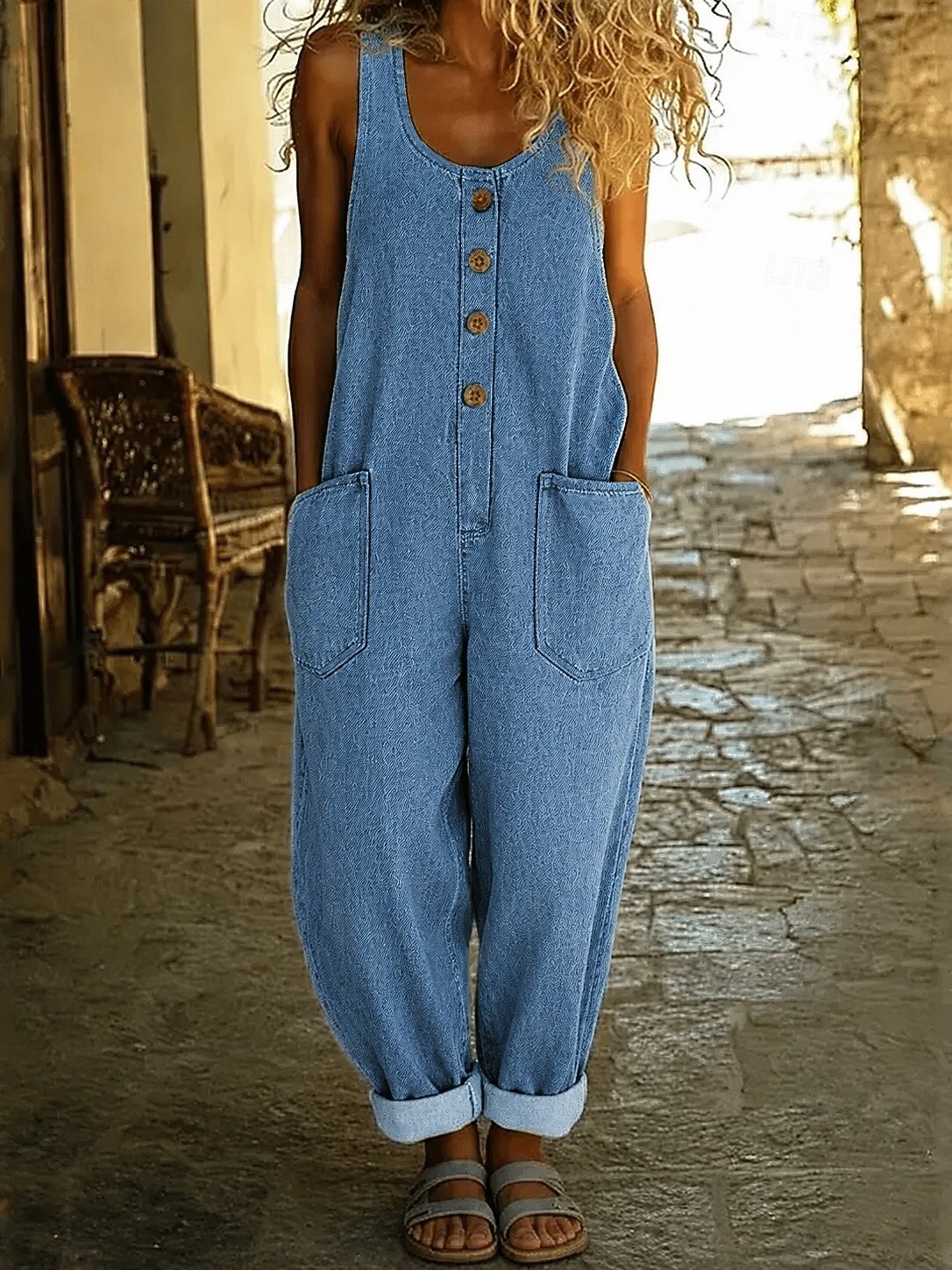 Women's Normal Jeans Active Solid Color Sleeveless Wide Leg Square Neck ...