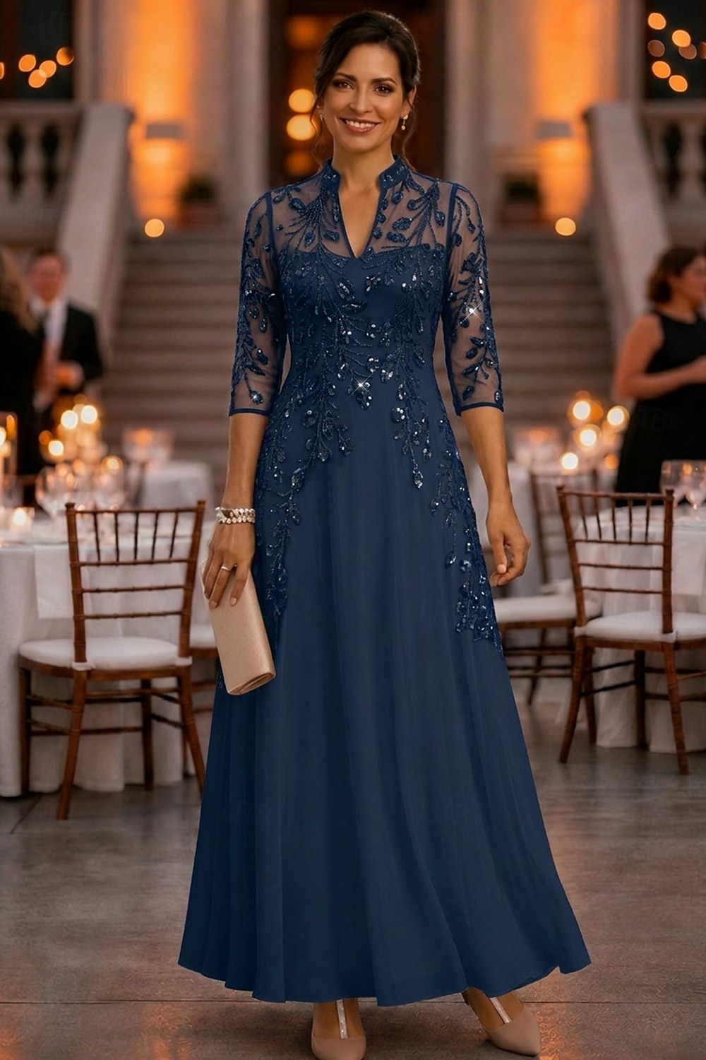 A-Line Ankle Length Mother of the Bride Dress 3/4 Length Sleeve V Neck Elegant Vintage Luxurious Formal Wedding Guest Wedding Party Chiffon Tulle with Beading Sequin Flower 2026 - $159.99 –P6