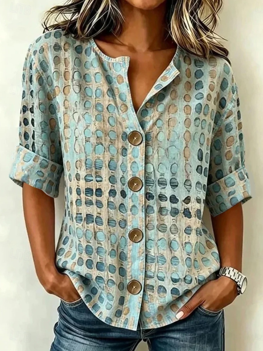Femmes Chemise Imprimé Graphique Géométrique Rayé Élégant ancien Classique Manche 3/4 Demi Manches Col ras du cou Hauts Longs Occasionnel Quotidien Fête Bleu Été Printemps de 2026 ? $32.99 –P1