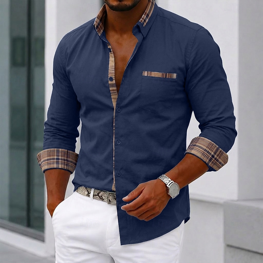 Da uomo Camicia Camicia elegante Camicia con Bottoni Bianco Nero Rosa Blu marino Manica Lunga Blocco di colori Bavero Casuale Quotidiano Tasca Frontale Abbigliamento Moda Casual Confortevole del 2026 a $32.99 –P10