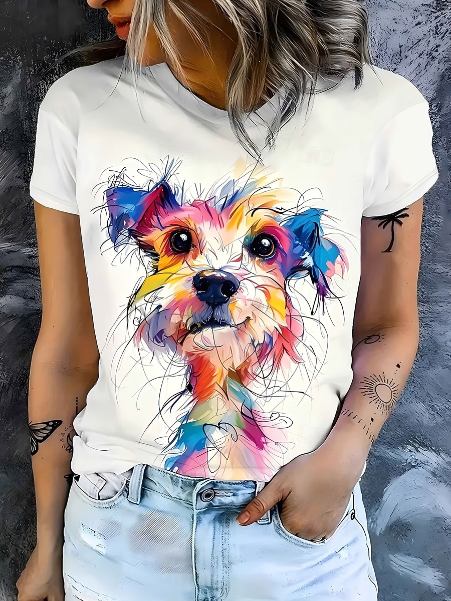 2026年 女性用 Tシャツ プリント グラフィック 動物 犬 スタイリッシュ クラシック カジュアル 半袖 クルーネック レギュラートップス カジュアル 日常 ブルー イエロー レインボー 夏 春  コレクション – $7.99 –P5