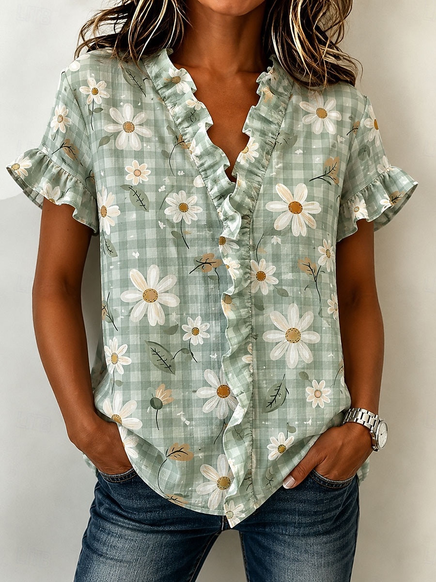 Mulheres Túnica Frufru Floral Gráfico Elegante Moda Diário Manga Curta Decote V Tops regulares Casual Diário Amarelo Rosa Verde Verão Primavera de 2026 por $27.99 –P3