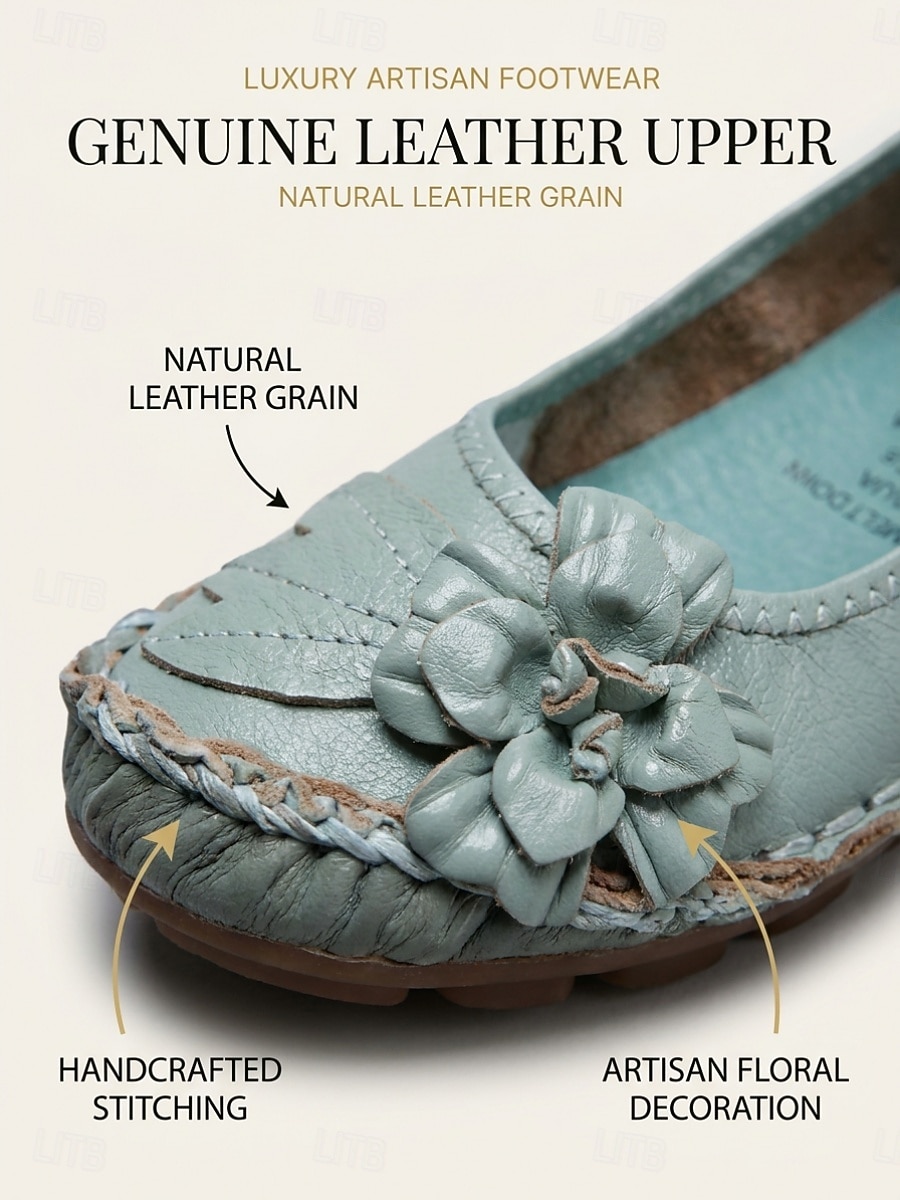 Dames ballerina's van premium rundleer in een brede pasvorm - handgemaakte comfortabele schoenen met 3D-bloemenapplicatie en gestikte afwerking, vintage instapschoenen voor casual gebruik, reizen en 2026 - $34.99 –P3